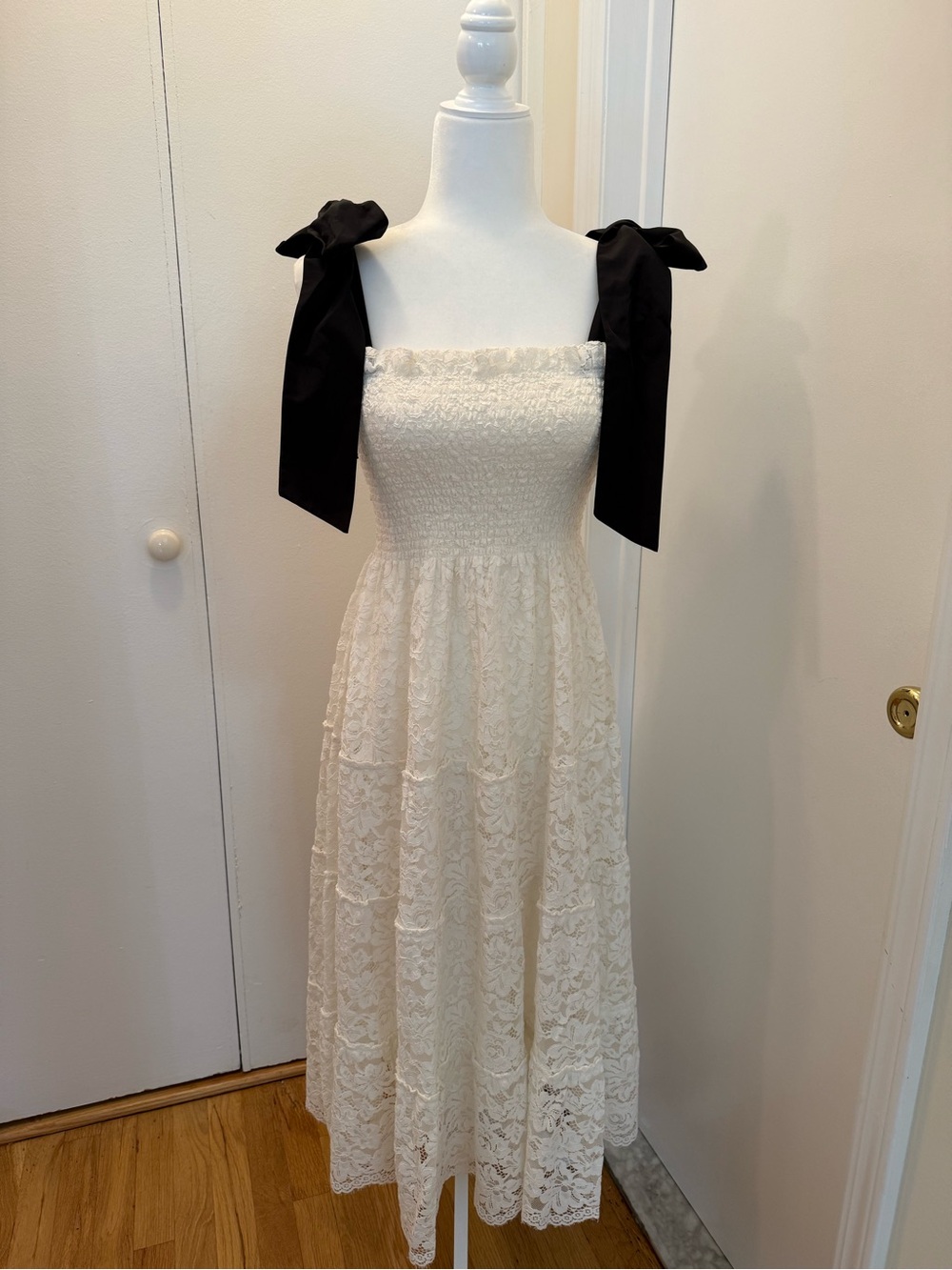 Hill House Ivory Lace Midi Dress with Black Bow Straps